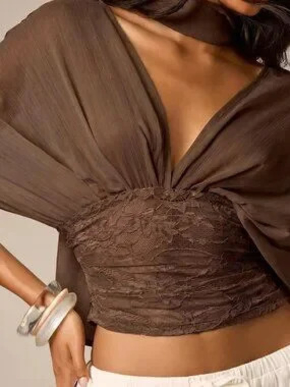Brown Elegant Women's Deep V-Neck Lace Crop Top With Chiffon Drape Sleeves